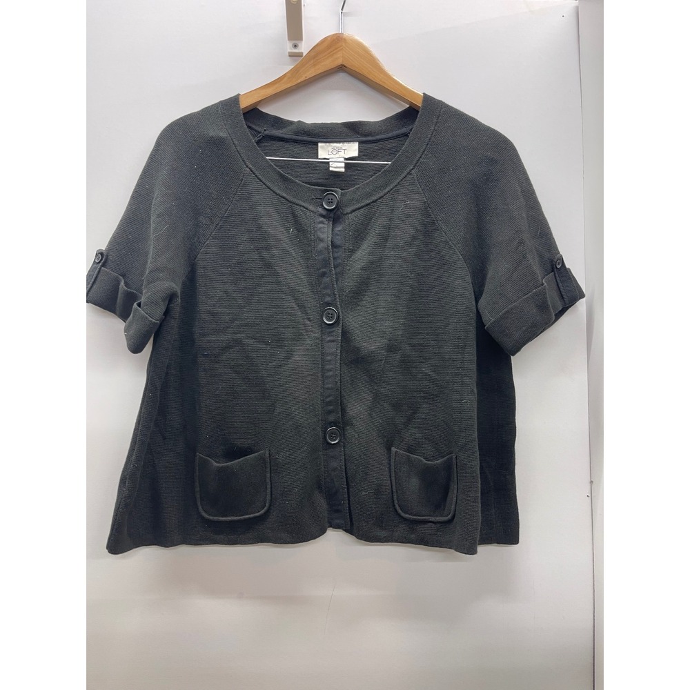 Ann Taylor Loft Womens Black Short Sleeve Button Front Cardigan Sweater Large